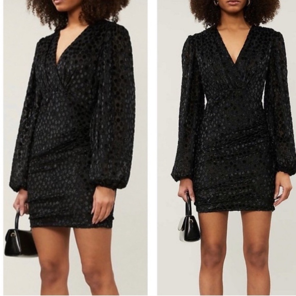 Maje Polka Dot Dress in Black Size Small EU 36 Long Balloon Sleeve Mini V Neck
